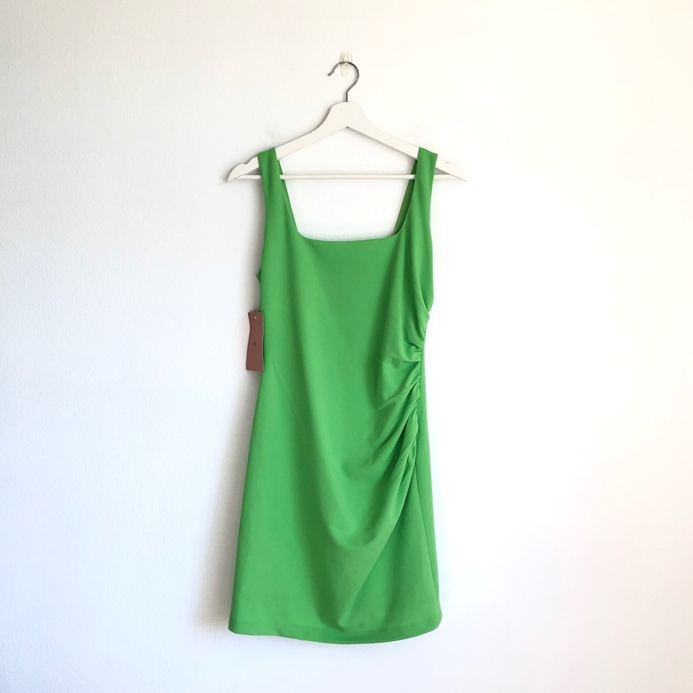 NWT BHLDN Aubree Stretch Crepe Ruched Square Neck Mini Dress | Green, Size Small